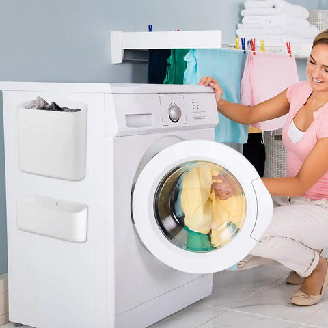 Must Have Magnetic Laundry Storage Lint Holder Bin For Laundry Room Large 9.3 Liter Capacity Space Saving Trash Container Mounts On Dryer Washer Or Wall With Magnetic Strip 6.3 By 2.7 Inch Gray White on a washer.