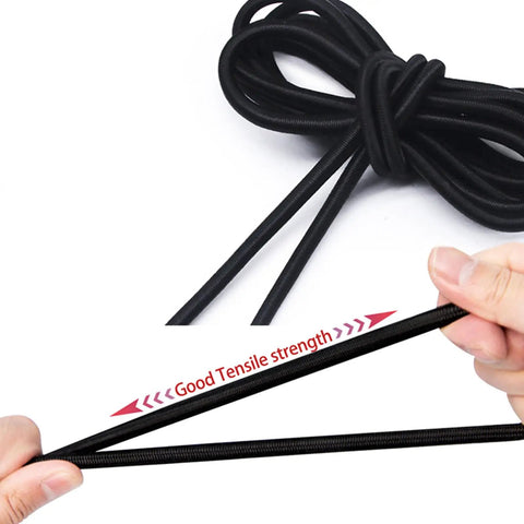 Elastic Cord One Eighth Inch Three Millimeter Heavy Duty Stretch Rope Ten Yards Ten Pack With Plastic Spring Locks shown stretched