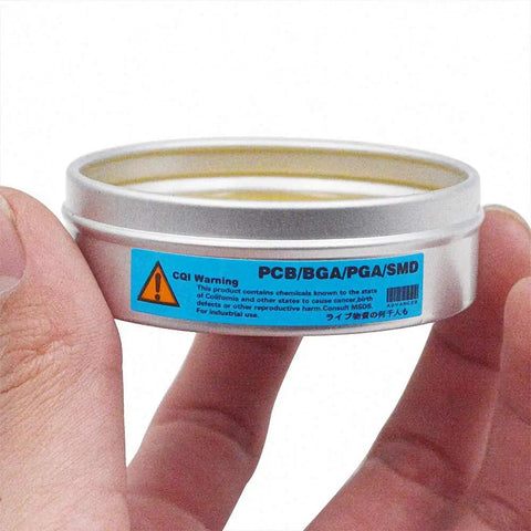 Tin of No Clean 35g Paste Flux for Soldering BGA PGA and SMD PCBs with clear warnings and usage instructions visible on label