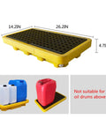Spill Containment Pallet For Oil Drums Nestable Leak Proof Tray Yellow Heavy Duty Garage Storage Solution dimensions shown