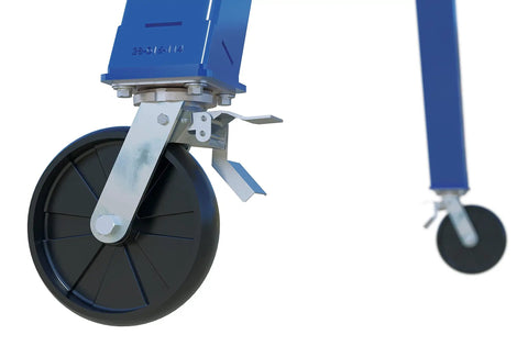 Heavy Duty Adjustable Height Gantry Crane With 2000 Lb Capacity And Locked Nylon Casters close-up of nylon wheel and locking mechanism.