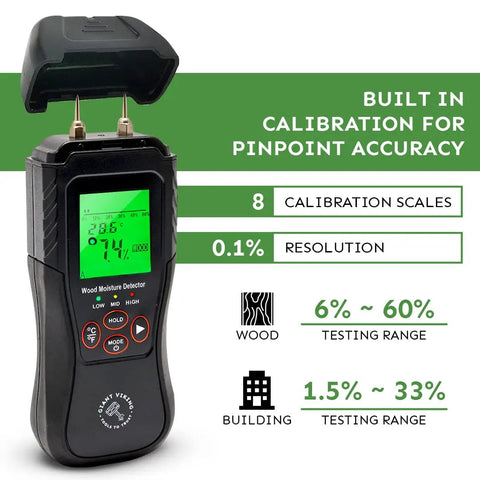 Pin Type Wood Moisture Meter With Digital Dampness Sensor For Wood Firewood Brick Drywall Paper Floor Plaster Easy To Use And Ultra Accurate Woodworking Moisture Gauge showing calibration details and screen reading