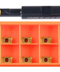 Three Eighths Inch 90 Degree Square Shoulder Indexable End Mill With Ten APKT11T308 Inserts displayed with orange tray.