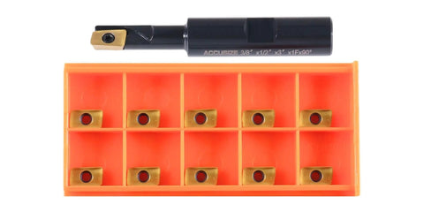 Three Eighths Inch 90 Degree Square Shoulder Indexable End Mill With Ten APKT11T308 Inserts displayed with orange tray.