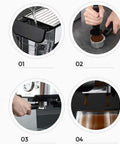 Household Semi Automatic Espresso Machine With Twenty Bar Pressure filling water tank and tamping coffee grounds for brewing.