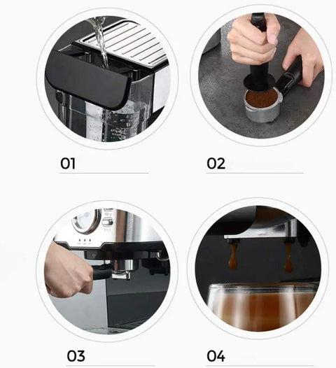Household Semi Automatic Espresso Machine With Twenty Bar Pressure filling water tank and tamping coffee grounds for brewing.