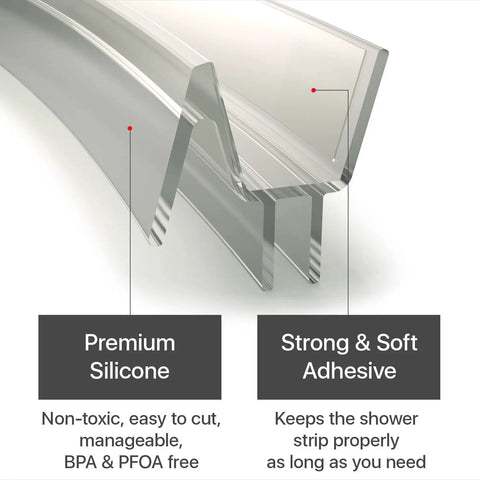Shower Door Bottom Seal Self Adhesive Silicone Strip For All Door Thicknesses Creates A Tight Water Barrier Keeps Glass Dry And Leaks Free No Splash Protection In Any Shower Setup 40 Inch Length Fits Glass Doors close up of premium silicone and adhesive details.