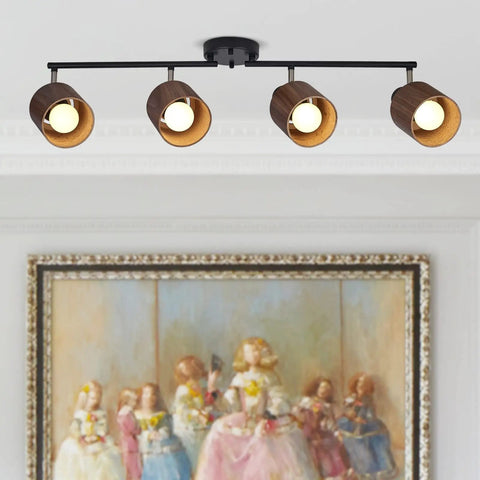 4 Light Track Lighting Kit 36 Inch Black Ceiling Mount With Natural Wood Finish Directional Spots For Living Room Kitchen And Utility Room Modern Mid Century Style Vibe, installed on ceiling above painting.