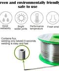 Lead Free Solder Wire With Tin Ninety Nine Point Three Percent And Copper Zero Point Seven Percent Rosin Core Flux For Fast Clean Electronics Soldering Twenty Gram Spool Eight Tenths Millimeter Gauge Thirty One Thou Inch on green spool with illustrations of benefits.