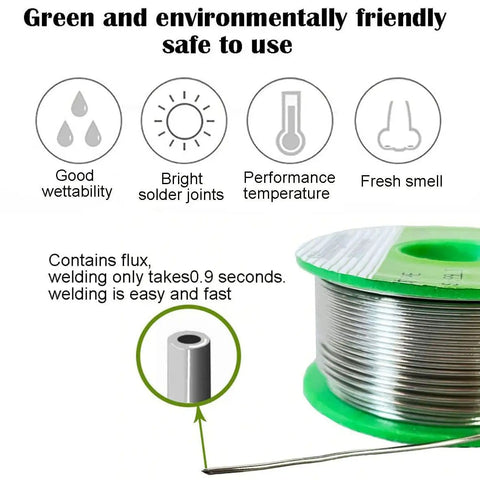 Lead Free Solder Wire With Tin Ninety Nine Point Three Percent And Copper Zero Point Seven Percent Rosin Core Flux For Fast Clean Electronics Soldering Twenty Gram Spool Eight Tenths Millimeter Gauge Thirty One Thou Inch on green spool with illustrations of benefits.