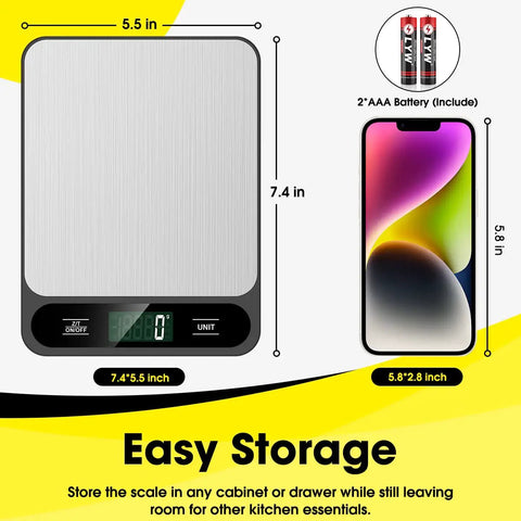 Digital Kitchen Scale 10kg 22lb With Tare And 1g Resolution, size comparison with phone and batteries, Easy Clean Stainless Steel