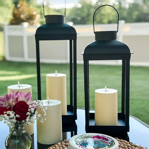 Outdoor Solar Powered Lantern With Flickering LED Candle For Porch Garden And Patio, 15 Inch Tall Black Metal Open Frame No Glass, Dusk To Dawn Auto On, Large Dope Vibe Outdoor Light For Nighttime Ambience