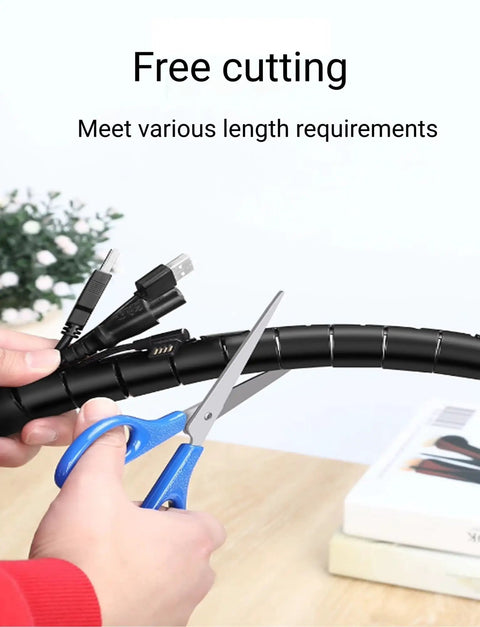 16.4 Feet Spiral Cable Wrap That Makes Winding A Breeze Coiled Cord Sleeve Tube Cover being cut with scissors