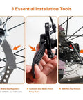 Three essential installation tools for High-Performance Disc Brake Pads for Mountain Biking, featuring wrench and piston press.