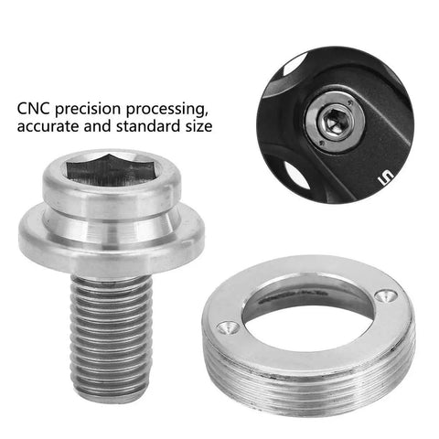 Titanium Crank Arm Bolt M8x15mm for Mountain and Road Bikes CNC Precision Bottom Bracket Axle Screws Kit With Dust Cap Nylon Washer All Weather Anticorrosion Durable Secure Hex Socket Ti, bolt and washer shown