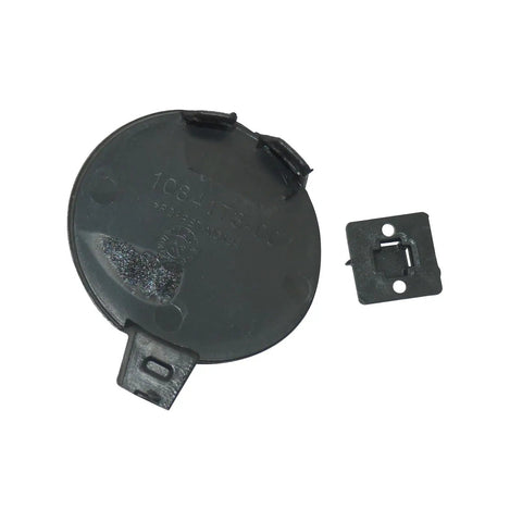 Straight Plug Front Tow Hook Trailer Towing Cover Cap For Tesla Model 3 2017 Through 2019, solid black composite with attachment.