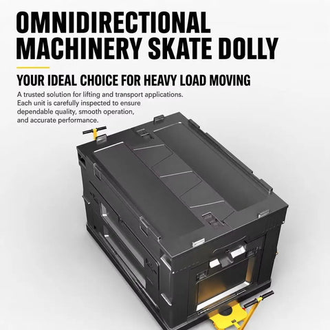Heavy Duty 5 Ton Machinery Moving Skate With Rugged Frame Wear Resistant Stainless Casters Dual 204 Carbon Steel Ball Bearings Per Wheel Smooth Stable Glide For Heavy Equipment Relocation with black and yellow dolly.