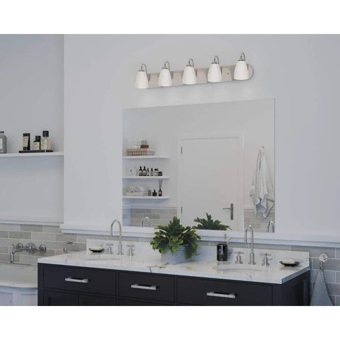 Bathroom with Five-Light Bath Vanity Light With Etched Glass In Brushed Nickel above mirror, spa vibe