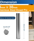 Premium 3mm x 30mm Stainless Steel Dowel Pins 304 For Precision Alignment, showing dimension details