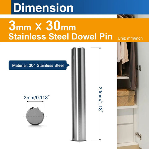 Premium 3mm x 30mm Stainless Steel Dowel Pins 304 For Precision Alignment, showing dimension details