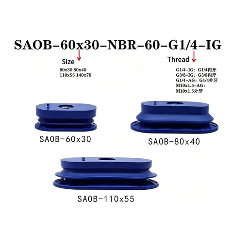 AFS Series AFSB AFSF NBR Long Strip Elliptical Pneumatic Vacuum Suction Cup in various sizes 60x30, 80x40, and 110x55.