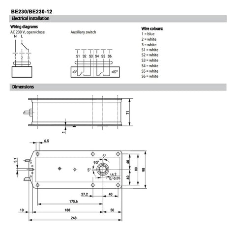 Detailed wiring diagram and dimensions for Built Tough HVAC Control Damper Actuator 230V 40Nm Heavy Duty Valve Drive Motor.