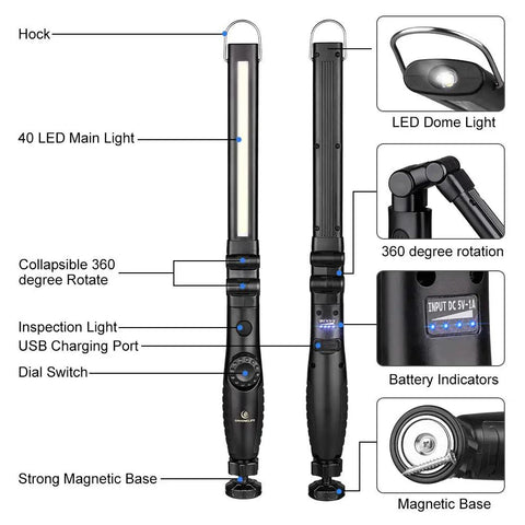 Beast Bright Rechargeable LED Work Light 750 Lumens Foldable Cordless Handheld With Magnetic Base 360 Degree Rotation