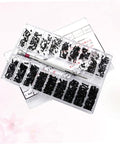 Top Shelf Miniature Small Screw Assortment Kit With Transparent Organizer Box And Tiny Machine Bolts, 18 black bolts in a clear case.