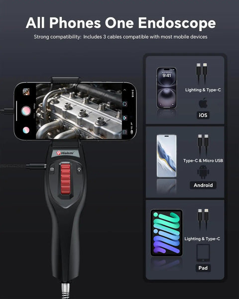 2 Way Articulating Borescope With Light For Phone Endoscope Camera, flexible handheld tool with phone compatibility and LED light