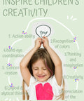 Child holding knitting needle, smiling, with creativity benefits text, promoting "Kid Friendly Sewing Kit For Beginners, DIY Embroidery Set".