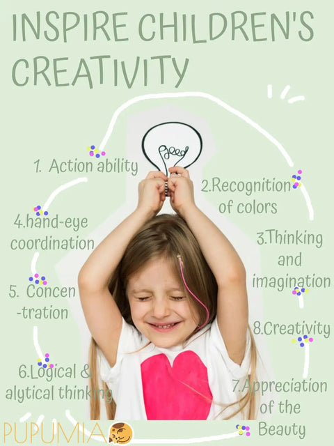 Child holding knitting needle, smiling, with creativity benefits text, promoting "Kid Friendly Sewing Kit For Beginners, DIY Embroidery Set".