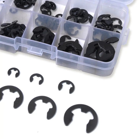 160 In 1 Carbon Steel Snap Ring Kit Built Tough With Black Retaining Clips And Retaining Rings For Automotive And Machinery Use Perfect For Hobbies And Garage And Shop Rust Resistant And Durable. Black carbon steel snap rings in a compartment box