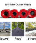 60mm Cruiser Skateboard Wheels 80A With ABEC-9 Bearings And Spacers, Red Penny Board Wheels on white background