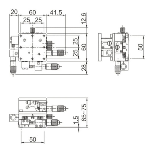 Technical drawing of 60x60mm XYZ Linear Stage With Manual Sliding Table for precision setups, showing dimensions and components.