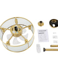 Vintage Industrial Caged Ceiling Fan Light Fixture with Remote,7-Blade Fan, gold metal frame with fan components and remote control.