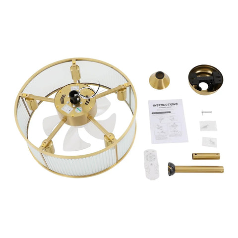Vintage Industrial Caged Ceiling Fan Light Fixture with Remote,7-Blade Fan, gold metal frame with fan components and remote control.