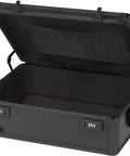 Lockable Dorm Storage Trunk With Combo Lock for Valuables, open black heavy duty box with metal corners, ideal for personal items