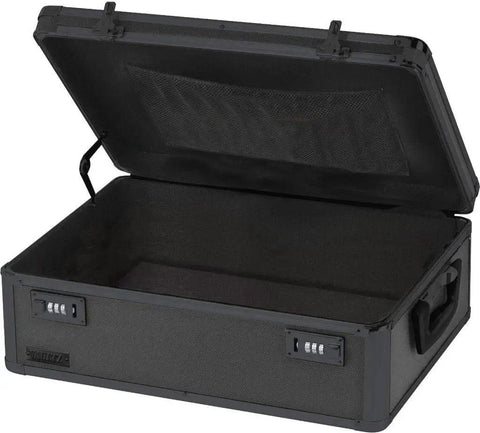 Lockable Dorm Storage Trunk With Combo Lock for Valuables, open black heavy duty box with metal corners, ideal for personal items