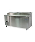 Heavy Duty 16 Cu Ft Two Door Commercial Prep Table Refrigerator In Crisp Stainless Steel with cutting board and dual pans.