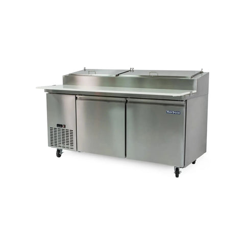 Heavy Duty 16 Cu Ft Two Door Commercial Prep Table Refrigerator In Crisp Stainless Steel with cutting board and dual pans.