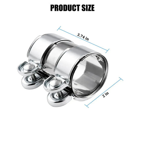 2 Inch Beefy Stainless Steel Exhaust Clamp Butt Joint Band Clamp for Pipes Mufflers with measurements 3.74 in length, 2 in diameter