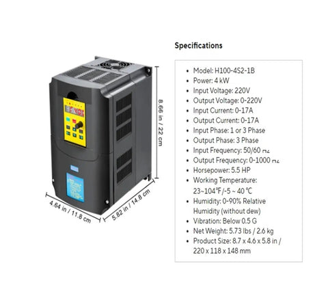4KW 220V Variable Frequency Drive VFD With 1/3 HP Input To 3-Phase Output CNC Motor Inverter For Industrial Motors Beefy Performance And Smooth Reliable Operation With Wide Compatibility For Low Voltage Applications., black VFD unit with yellow keypad, 8.7 x 4.6 x 5.8 in