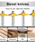 Door And Drawer Front Edging Router Bit Set With One Half Inch Shank Four Piece Pro Grade Woodworking Milling Cutter Tools Carbide Cutter For Cnc Router Includes Thumbnail Bit Two Ogee Bits One Large One Small And Roundover With Ogee Bit shown with material examples.