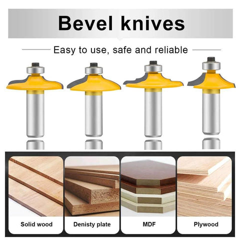 Door And Drawer Front Edging Router Bit Set With One Half Inch Shank Four Piece Pro Grade Woodworking Milling Cutter Tools Carbide Cutter For Cnc Router Includes Thumbnail Bit Two Ogee Bits One Large One Small And Roundover With Ogee Bit shown with material examples.