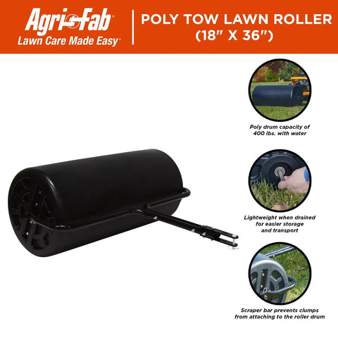 Tow Behind 18 Inch By 36 Inch Poly Lawn Roller with water-filled 400 lb durable poly drum and steel frame, shown in use