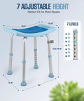 Adjustable Shower Chair For Inside Shower No Fuss Setup Heavy Duty Bath Seat With 350 Lb Capacity Tool Free Assembly Senior And Elderly Bath Stool For Disabled Aluminum Leg Frame, showing dimensions and 7-level height adjustment.