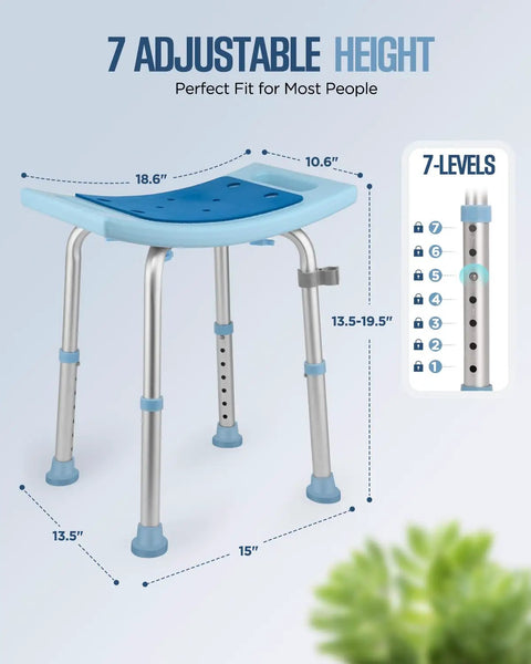 Adjustable Shower Chair For Inside Shower No Fuss Setup Heavy Duty Bath Seat With 350 Lb Capacity Tool Free Assembly Senior And Elderly Bath Stool For Disabled Aluminum Leg Frame, showing dimensions and 7-level height adjustment.
