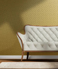 Glow Up Your Space With Top Shelf Abstract Scalloped Gold Metallic Wallpaper For Modern Interiors with elegant cream sofa.
