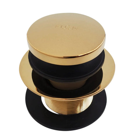 Top Tier Universal Bathtub Drain Plug Set Featuring Slick Polished Brass Finish with black rubber seal for quick tub fixes.