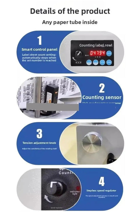 Heavy Duty Automatic Label Counting Rewinding Machine With Speed Control For Industrial Printers control panel, sensor, and knobs details.